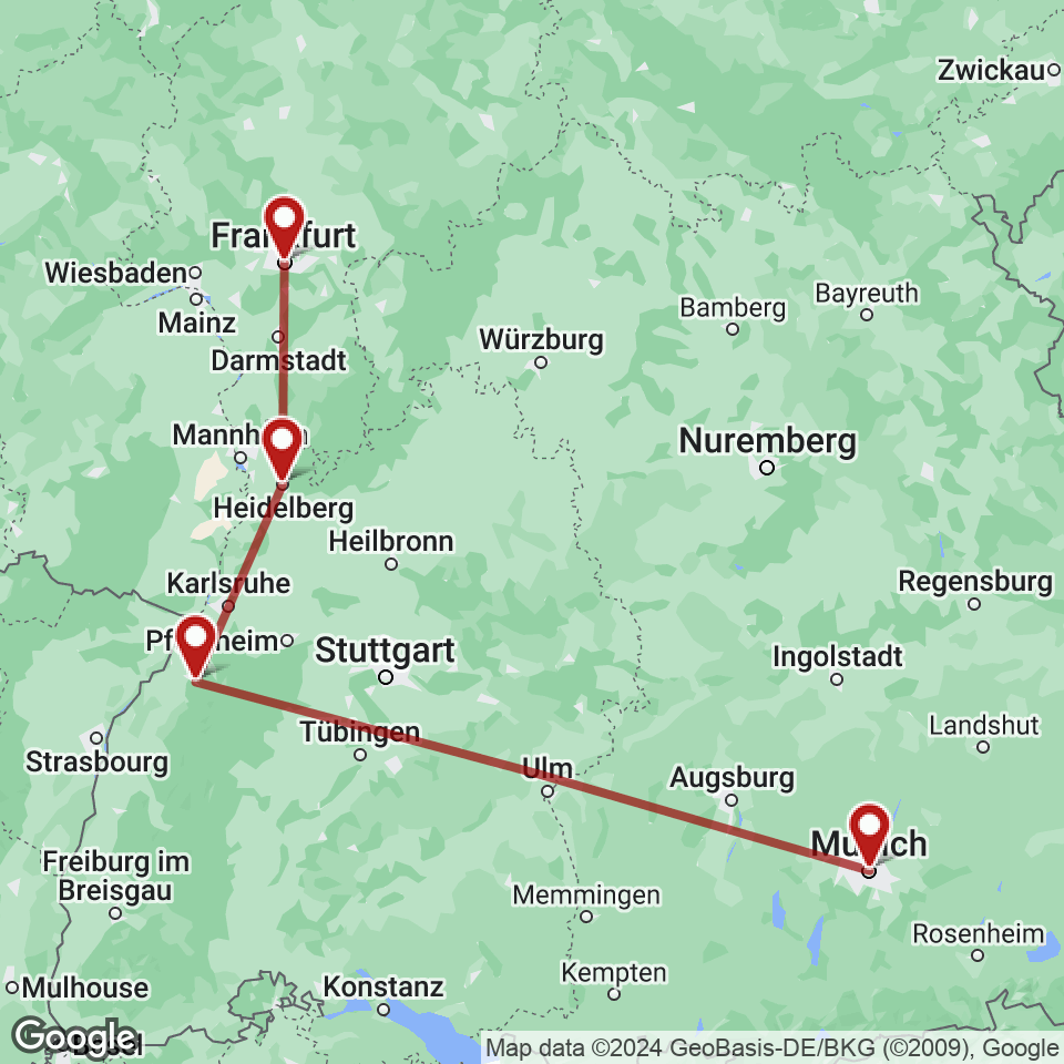 Route for Munich, Baden-Baden, Heidelberg, Frankfurt tour